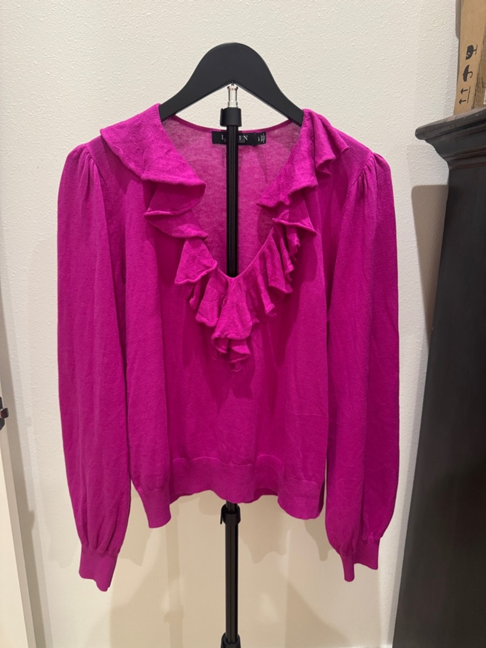 Lauren Ralph Lauren Fuchsia Ruffle V-Neck Sweater
